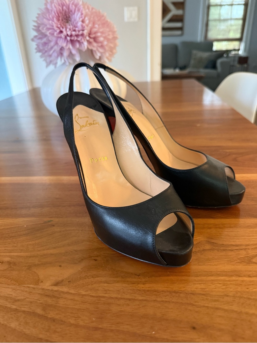 Christian Louboutin Black Leather Peep-Toe Slingback Pumps